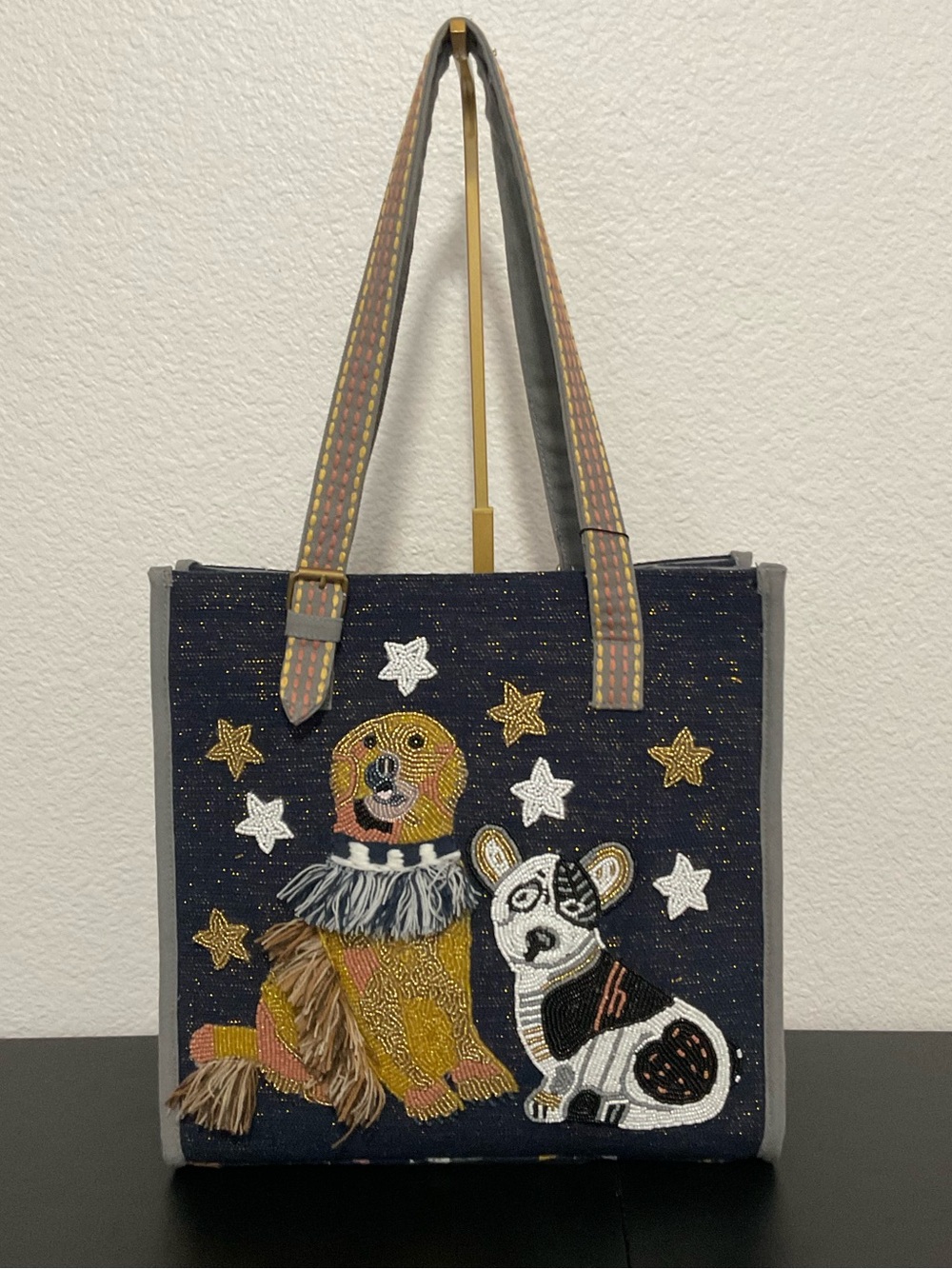 NWT America & Beyond Beaded Dog Tote Bag Embroidered Dogs Handbag Women Purse